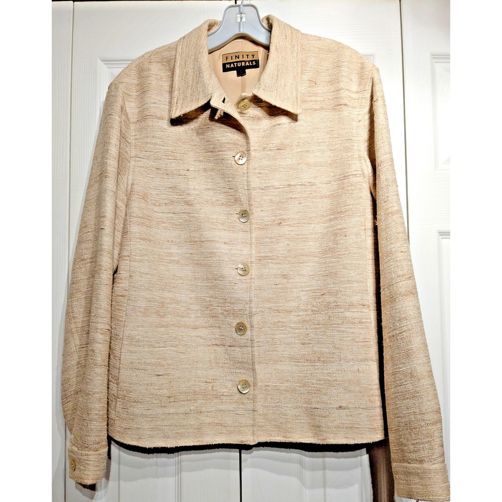 Finity Naturals Women Sz: L Beige Silk Textured Collared Button Up Blazer/Jacket